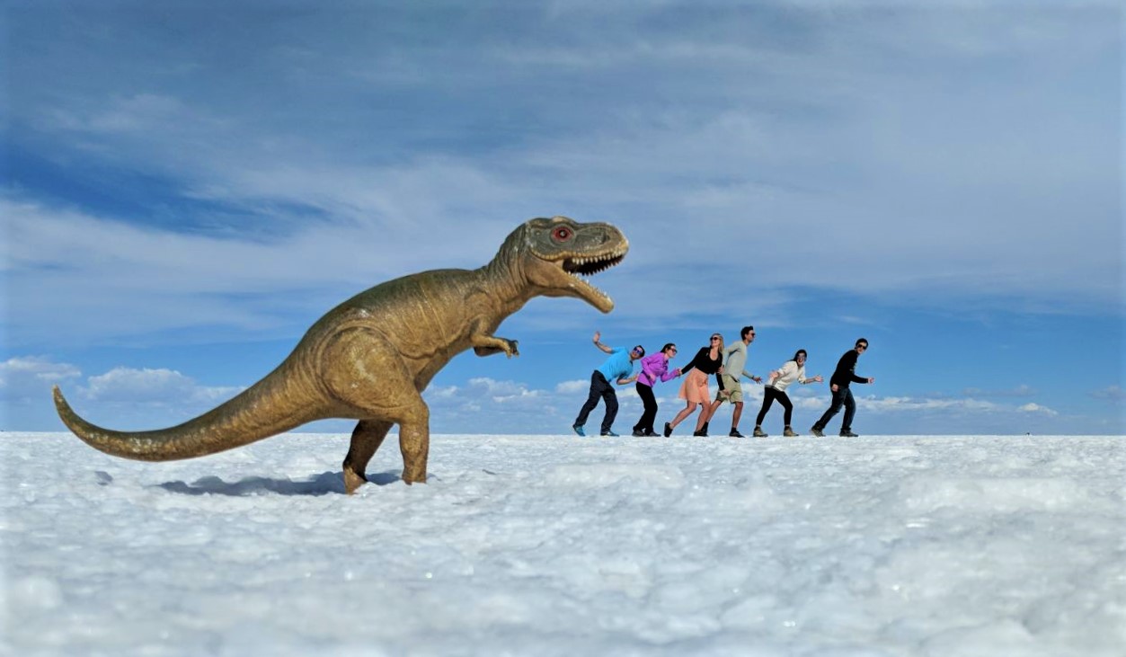 Dinosaur perspective shot on the Uyuni Salt Flats, Bolivia