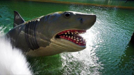 Jaws shark popping out of the water on the Universal Studios Hollywood studio tour
