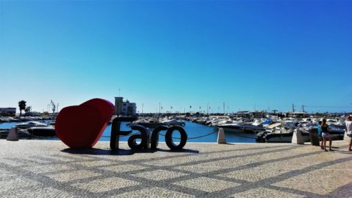 Love Faro sign by the marina in Faro, Portugal 