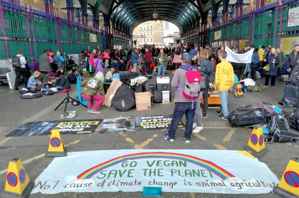 Go Vegan Save The Planet, banner at Animal Rebellion's occupation of Smithfield Market, London