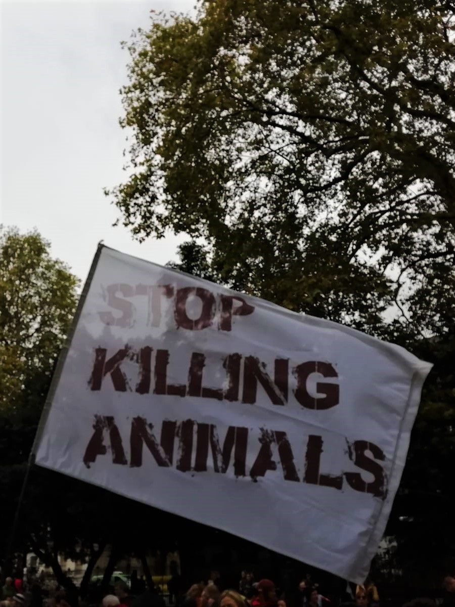 Stop Killing Animals flag at the Animal Rebellion March to Smithfield Meat Market