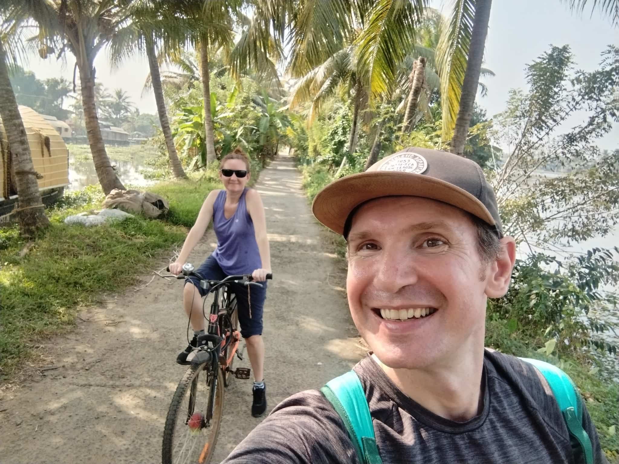 Us riding backs along the Keralan Backwaters, India 
